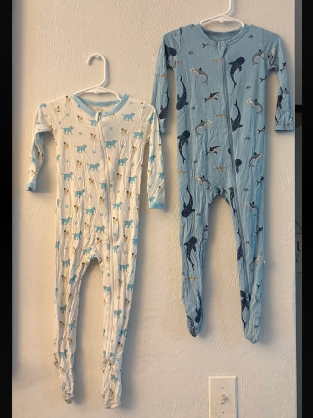 Kyte BABY Blue and White Animal Print Footed One-Pieces